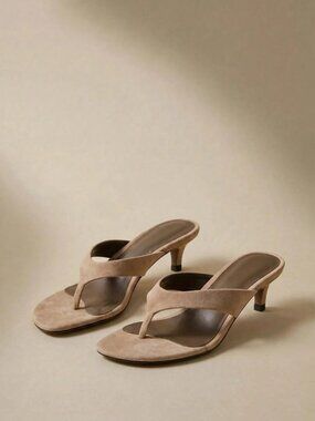 Tan Vegan Suede Thong Sandals with Kitten Heel